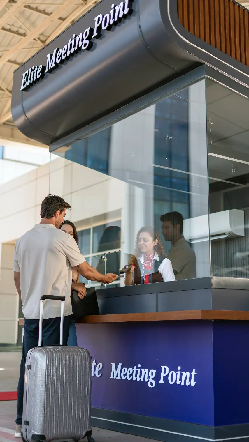 Meeting at the entrance to the terminal at the "CIP Meeting Point" counter.